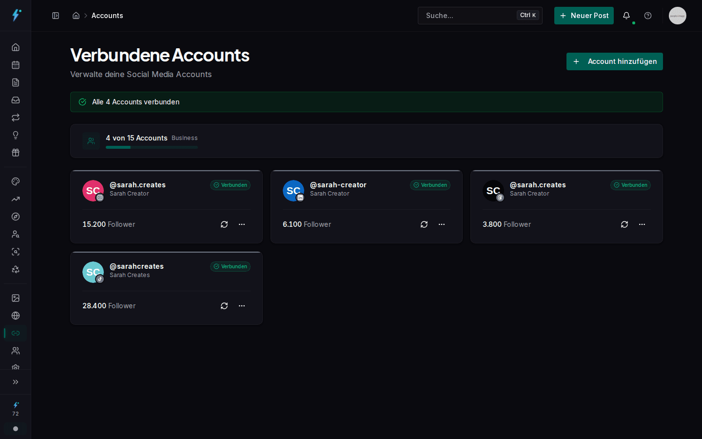 Verbundene Social-Media-Accounts in Impulio mit Follower-Zahlen