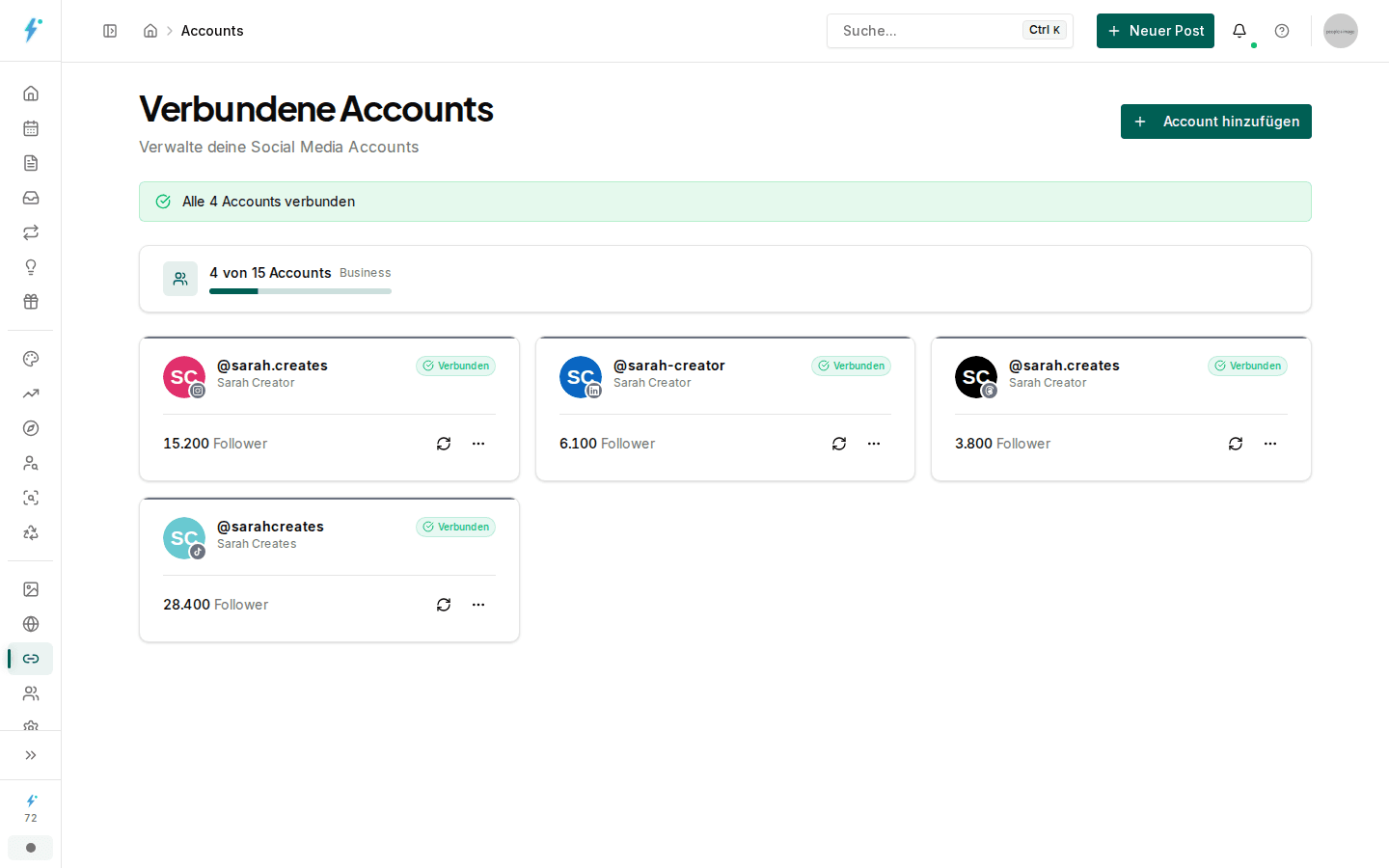 Verbundene Social-Media-Accounts in Impulio mit Follower-Zahlen