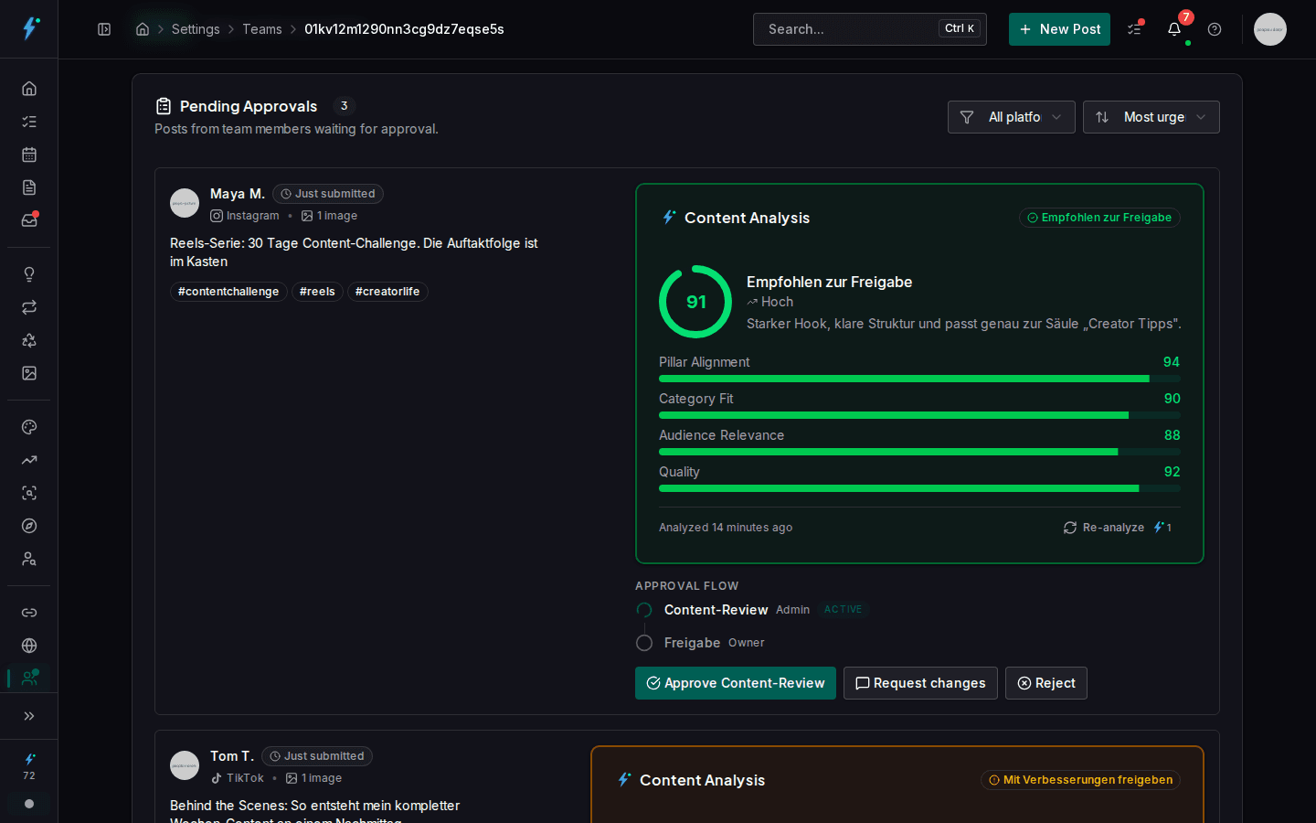 Approval queue with a multi-stage approval flow and content check
