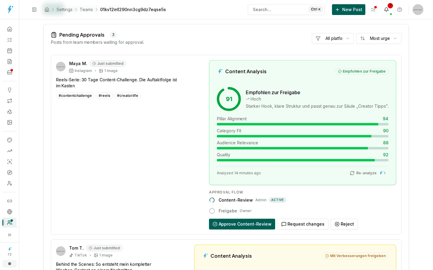 Approval queue with a multi-stage approval flow and content check