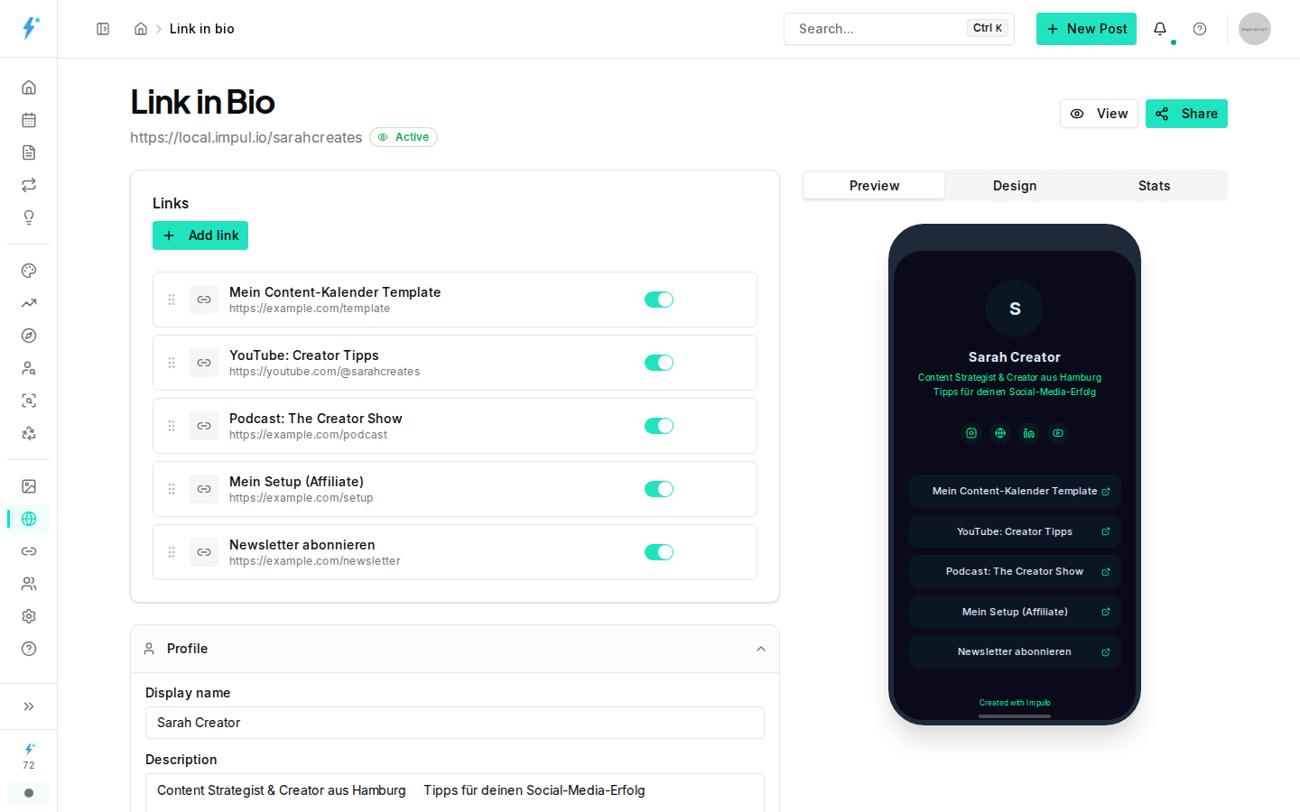Link-in-Bio: Your hub on impul.io