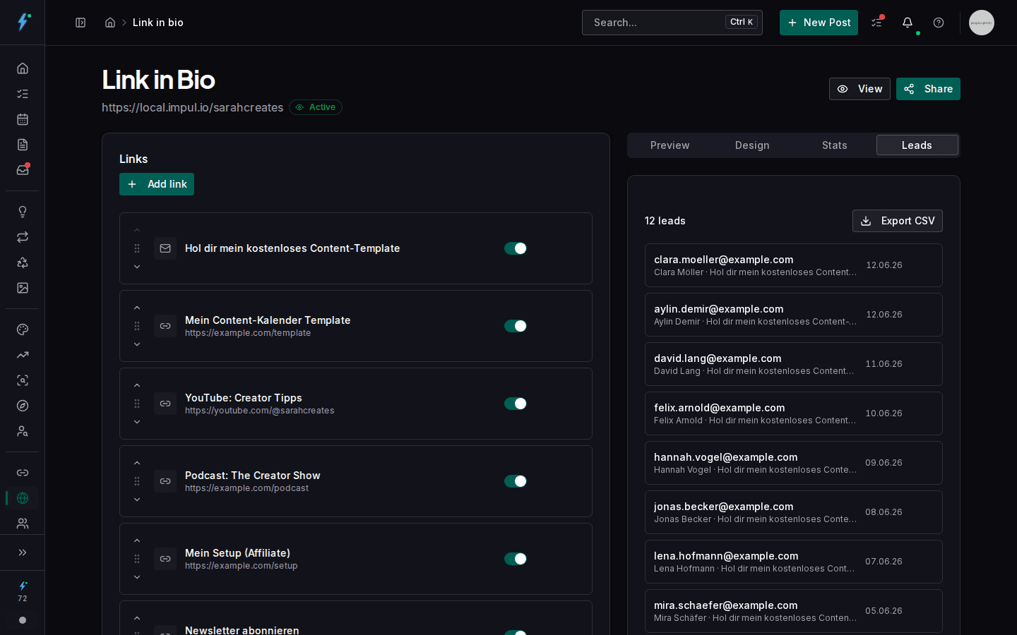 Link-in-Bio editor with lead capture and collected leads