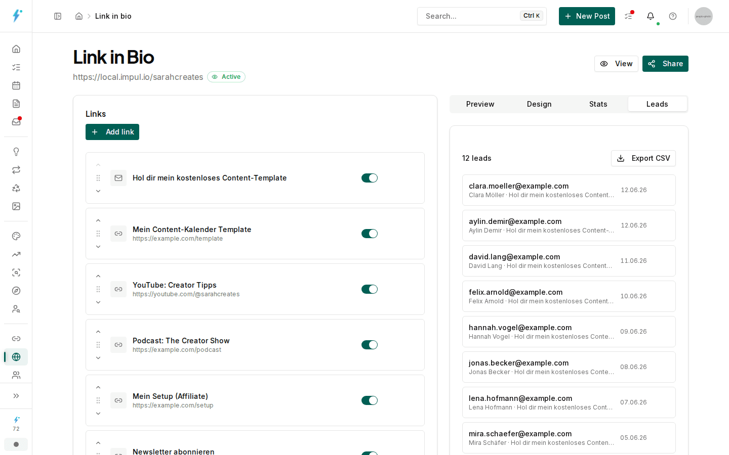 Link-in-Bio editor with lead capture and collected leads