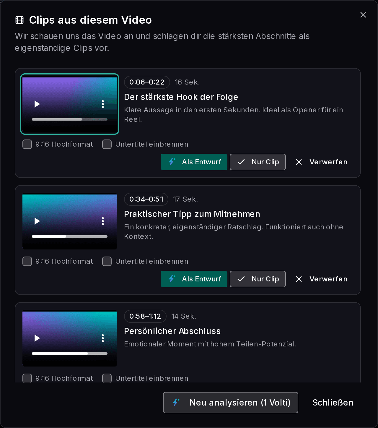 Mediathek von Impulio mit einem hochgeladenen Langform-Video und einer Liste vorgeschlagener Clip-Abschnitte