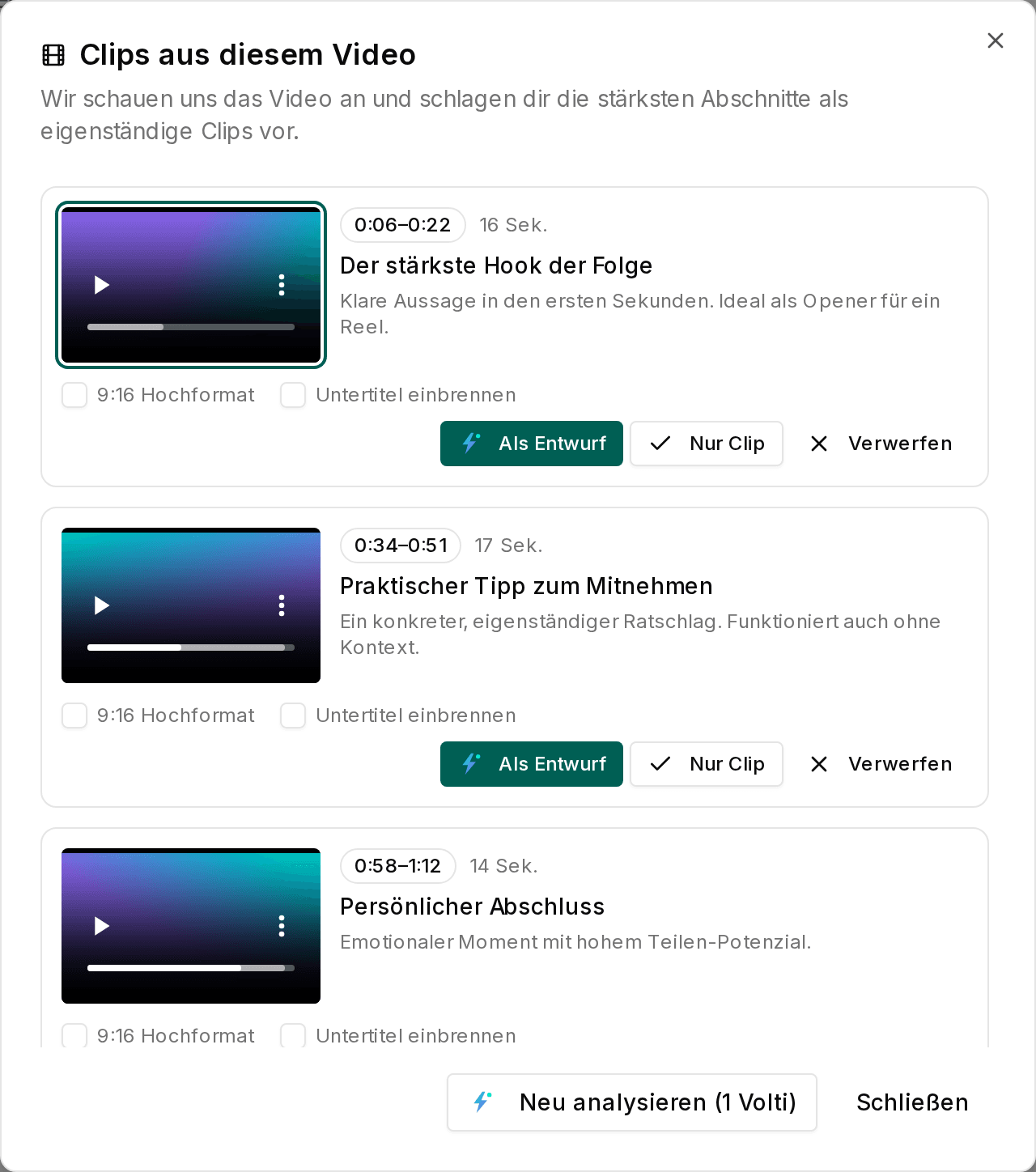 Mediathek von Impulio mit einem hochgeladenen Langform-Video und einer Liste vorgeschlagener Clip-Abschnitte