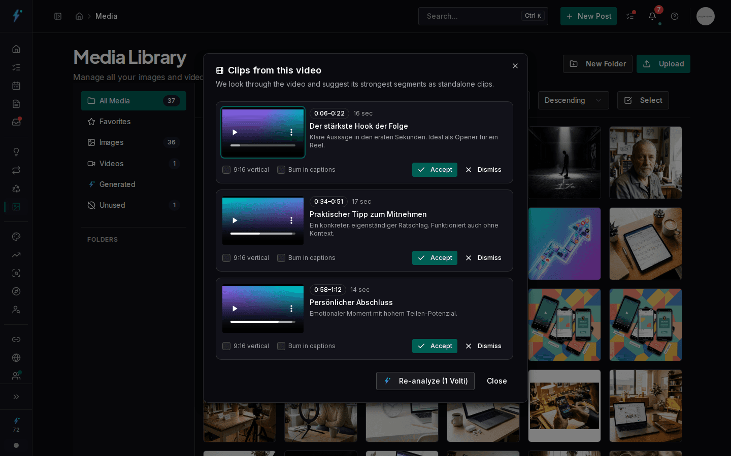 Clip suggestions and video tools in Impulio