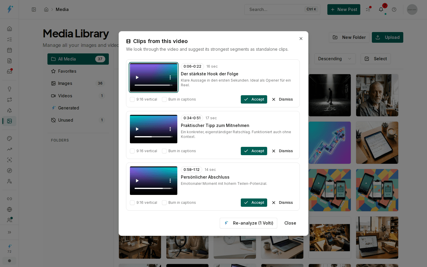 Clip suggestions and video tools in Impulio