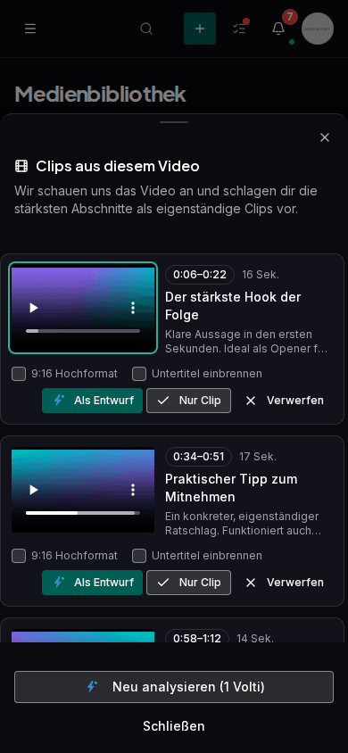 Mediathek von Impulio mit einem hochgeladenen Langform-Video und einer Liste vorgeschlagener Clip-Abschnitte