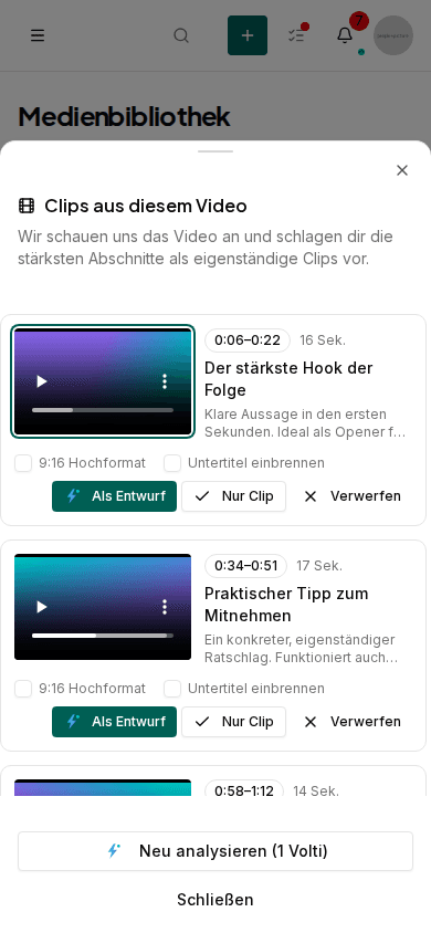 Mediathek von Impulio mit einem hochgeladenen Langform-Video und einer Liste vorgeschlagener Clip-Abschnitte