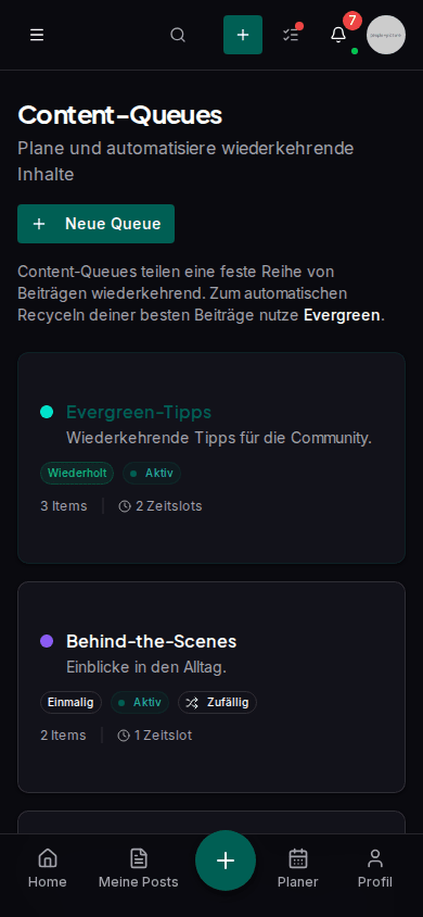 Impulio Content-Queues halten mehrere Kundenkonten in einem Workspace im Zeitplan