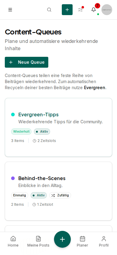 Impulio Content-Queues halten mehrere Kundenkonten in einem Workspace im Zeitplan
