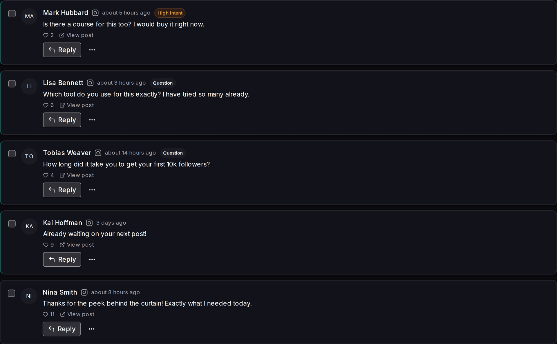 Impulio engagement inbox showing Instagram and Facebook comments sorted by category