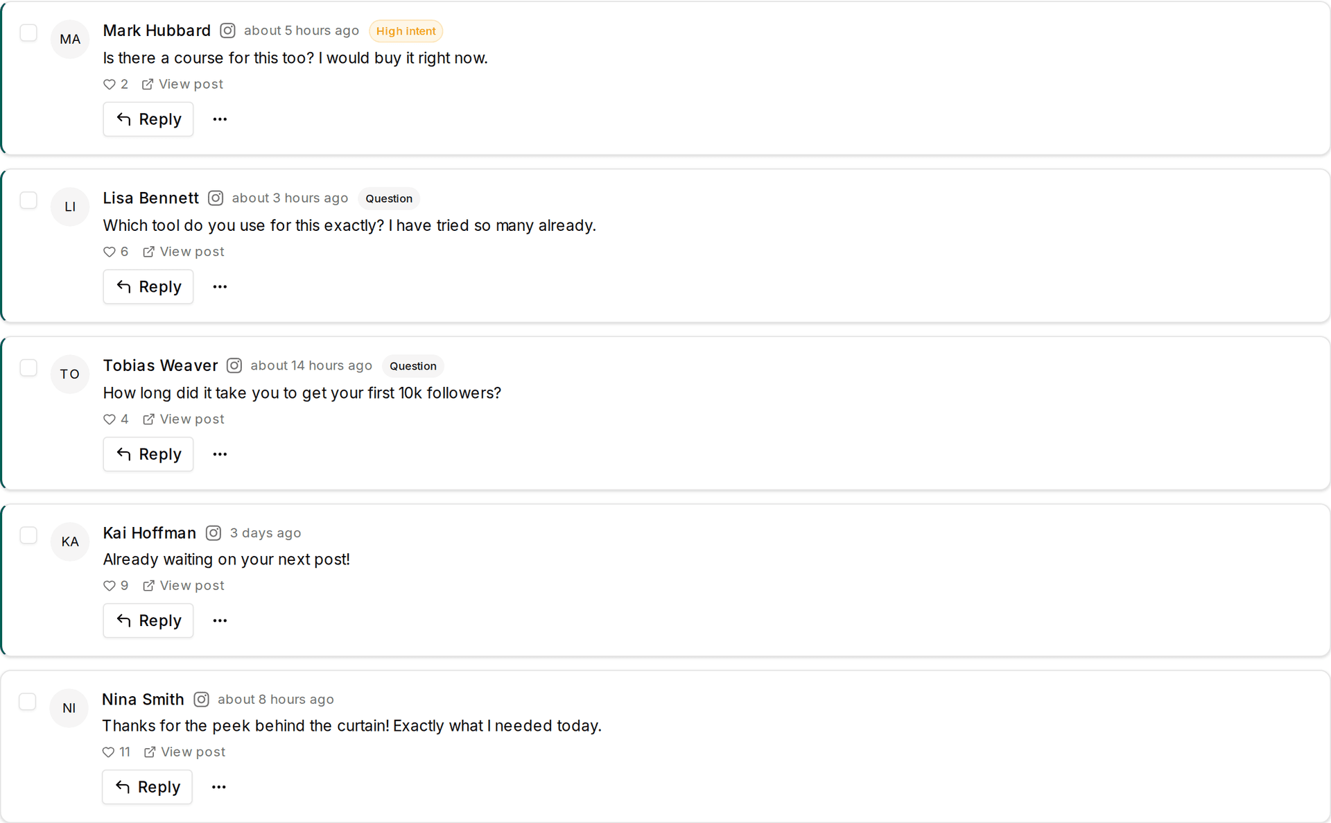 Impulio engagement inbox showing Instagram and Facebook comments sorted by category