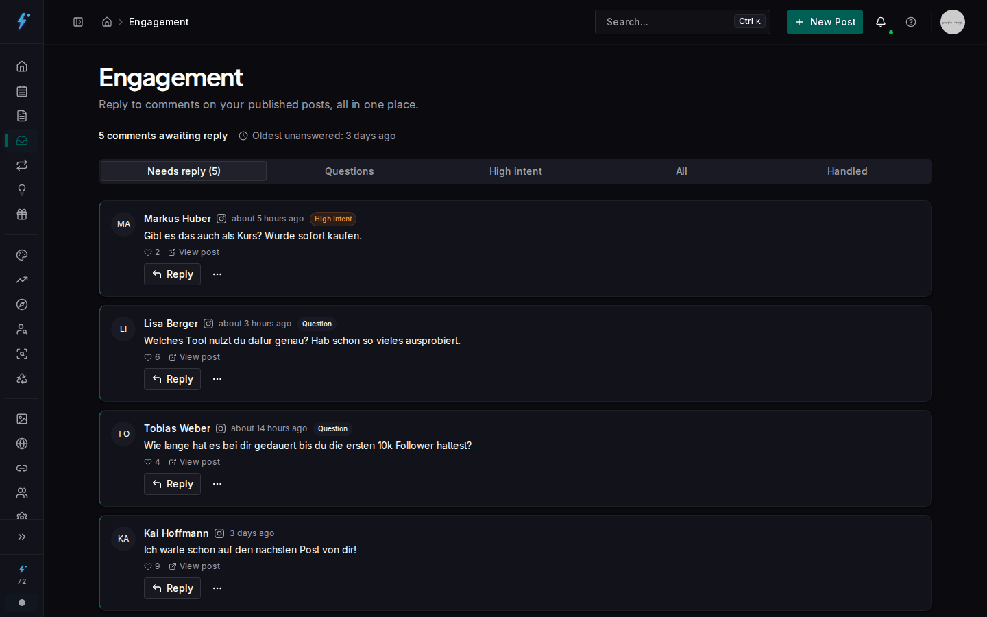 Impulio engagement inbox showing Instagram and Facebook comments sorted by category
