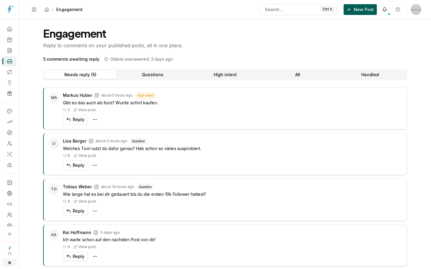 Impulio engagement inbox showing Instagram and Facebook comments sorted by category