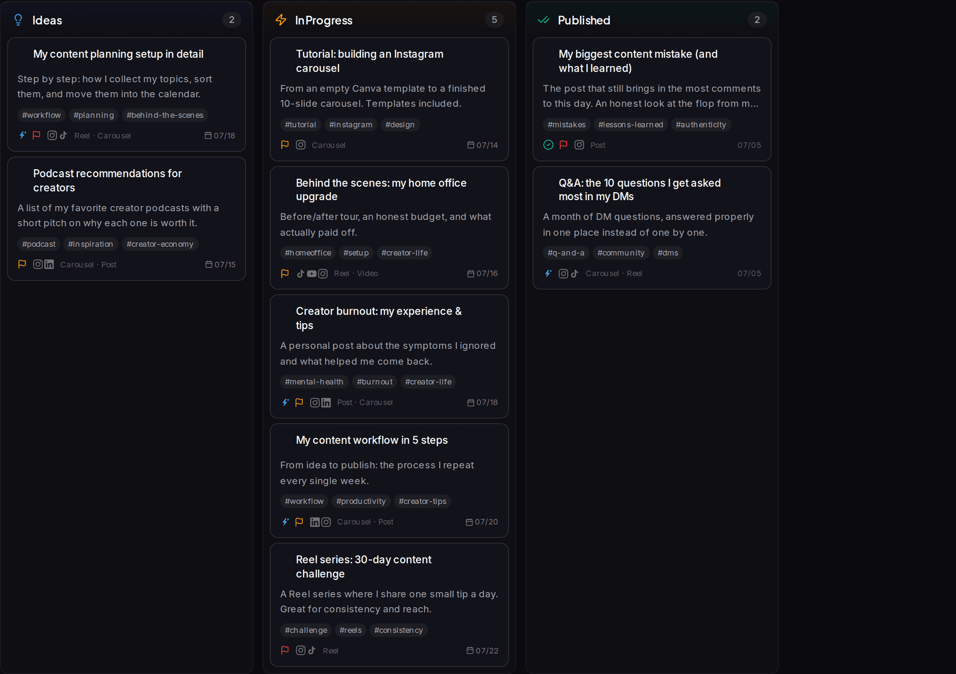 Impulio idea library in a Kanban layout with tags and platform suggestions