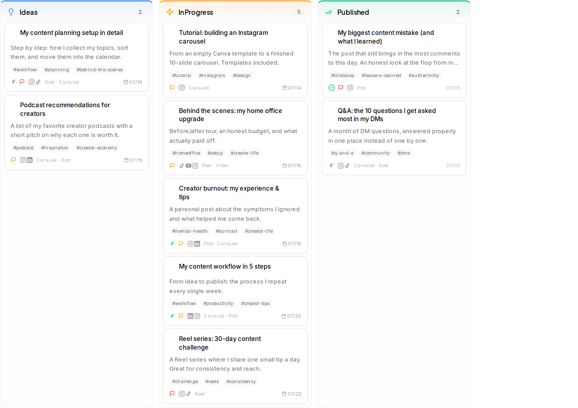 Impulio idea library in a Kanban layout with tags and platform suggestions