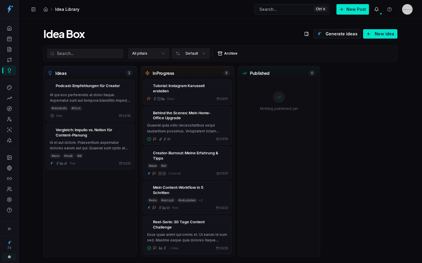 Idea library with Kanban board and content ideas