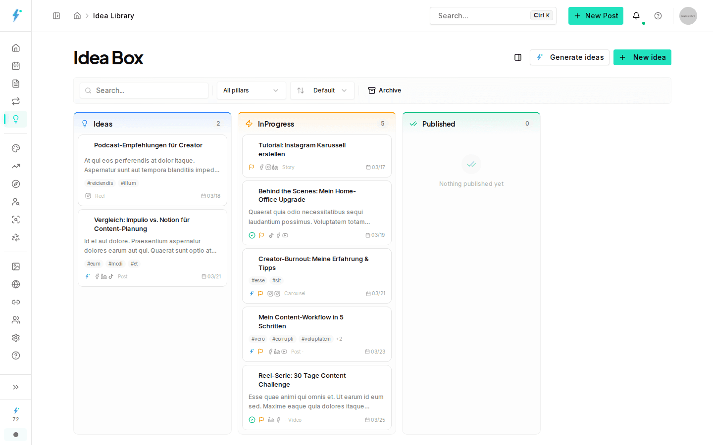 Idea library with Kanban board and content ideas