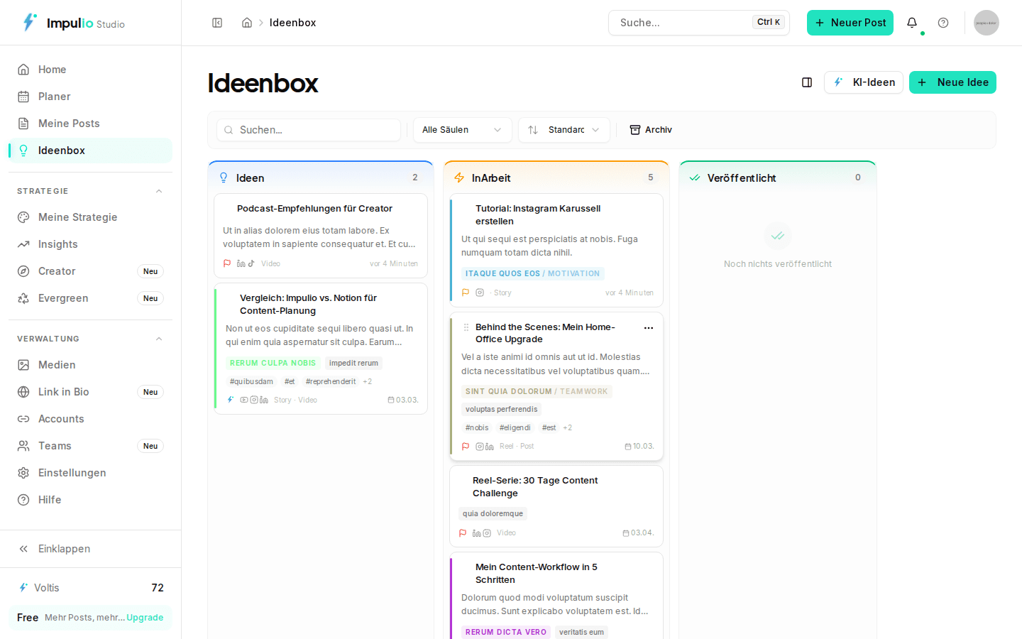Idea library with Kanban board and content ideas