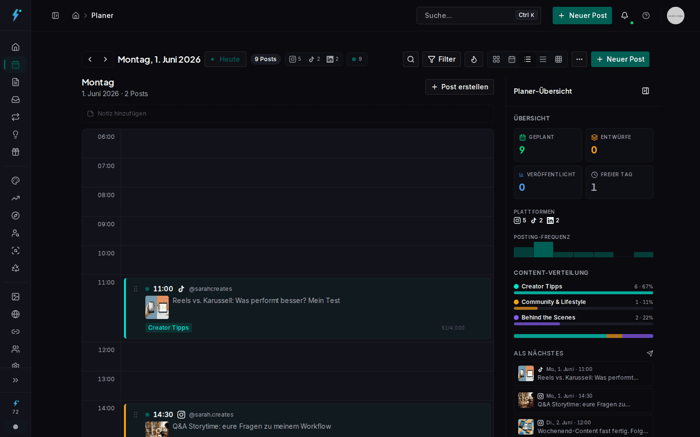 Tagesansicht des Impulio Planers mit Zeit-Slots und geplanten Posts