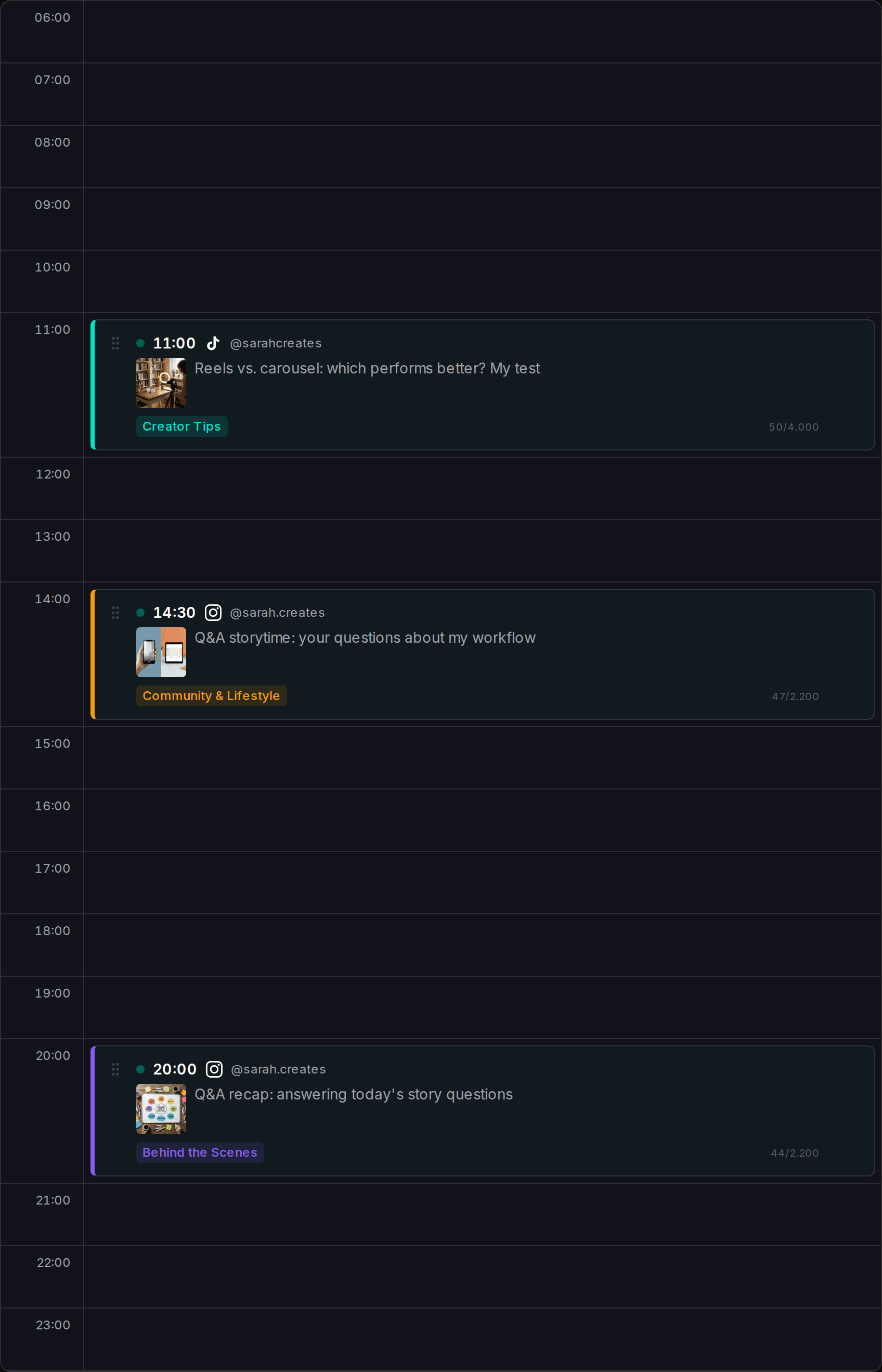 Daily view of Impulio's planner showing time slots and scheduled posts