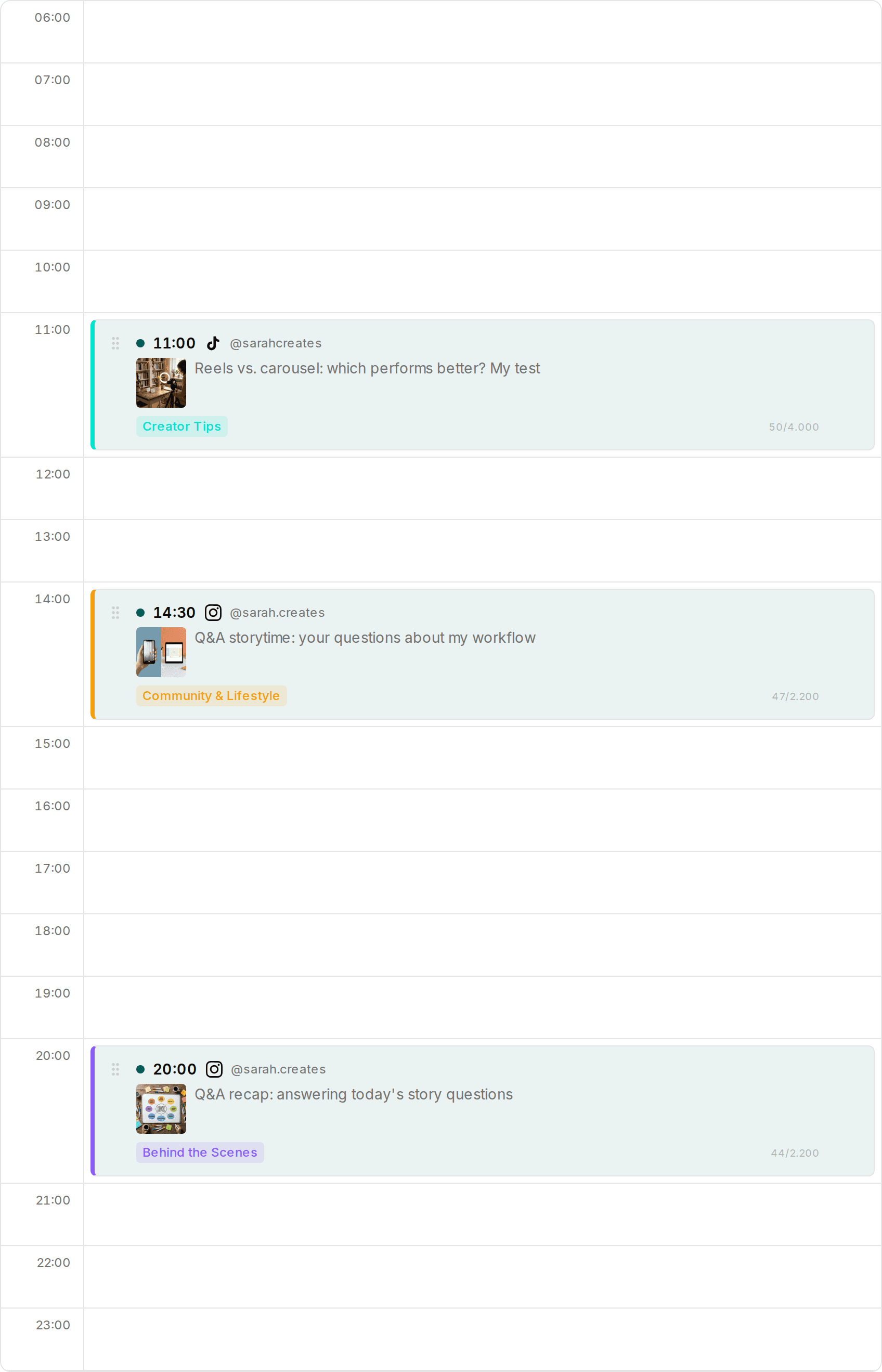 Daily view of Impulio's planner showing time slots and scheduled posts