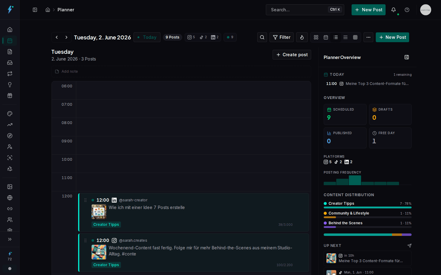 Daily view of Impulio's planner showing time slots and scheduled posts