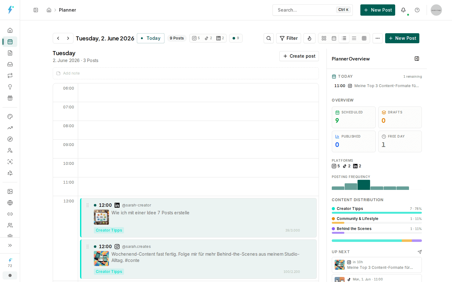 Daily view of Impulio's planner showing time slots and scheduled posts