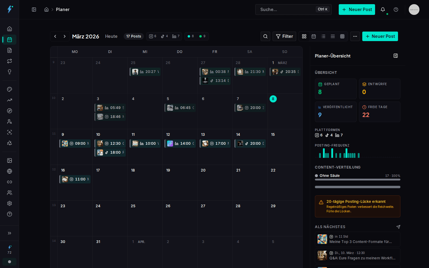 Impulio Content-Kalender mit geplanten Posts für Instagram, TikTok und LinkedIn
