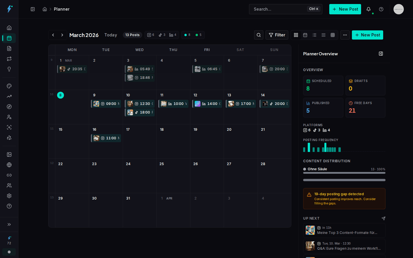 Impulio content calendar with scheduled posts for Instagram, TikTok and LinkedIn