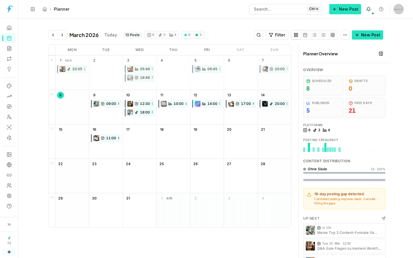 Impulio content calendar with scheduled posts for Instagram, TikTok and LinkedIn