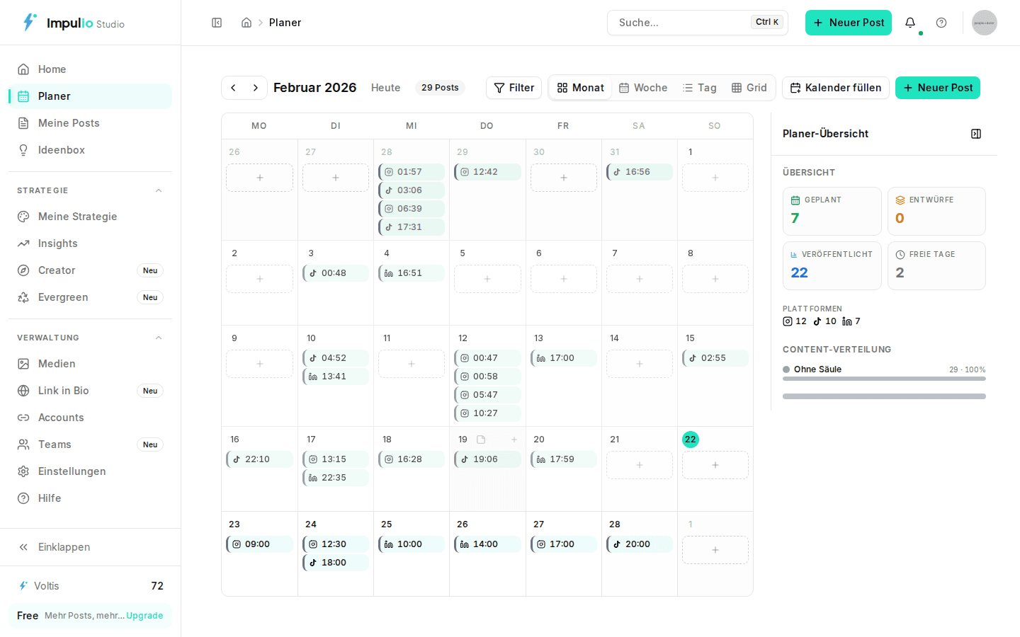 Impulio content calendar with scheduled posts