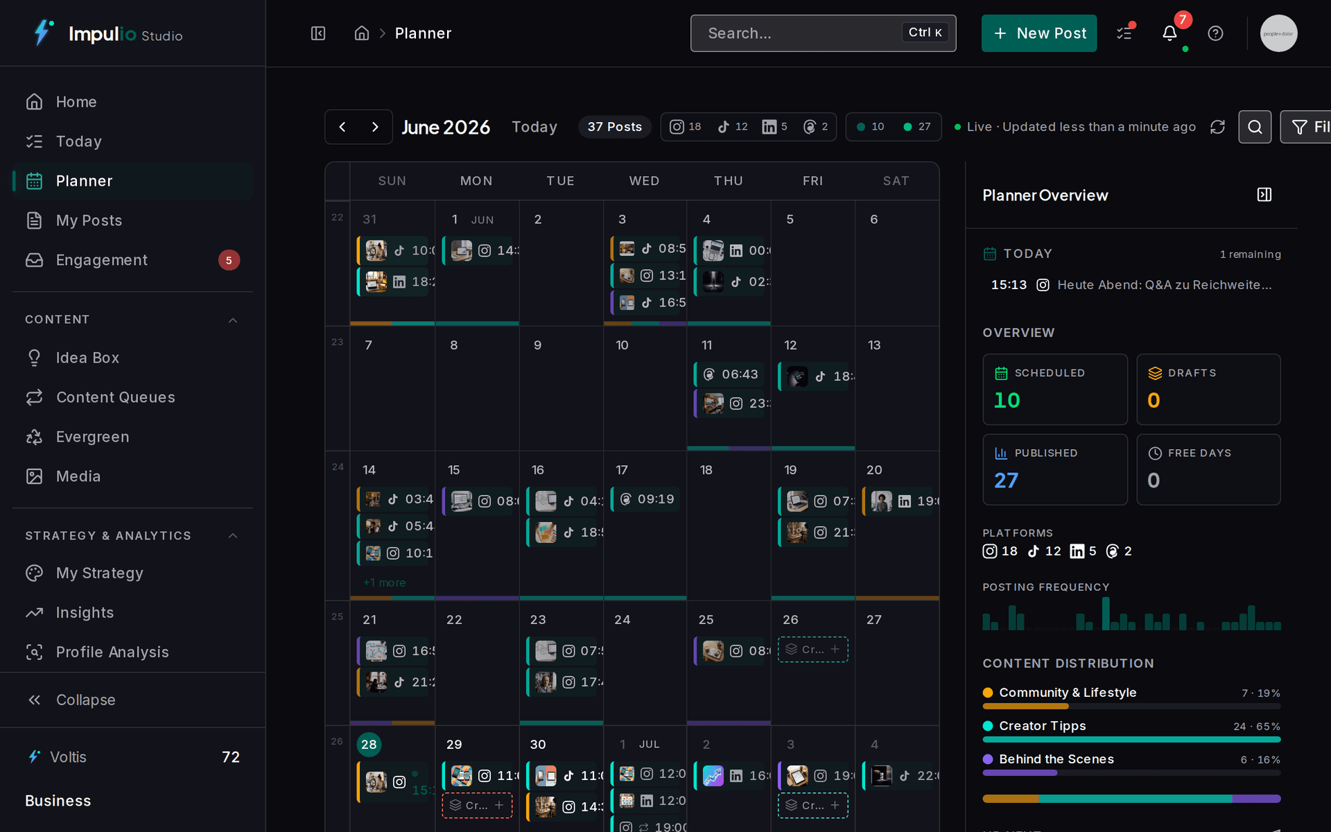 Month view in Impulio with scheduled posts across channels, including Reels.