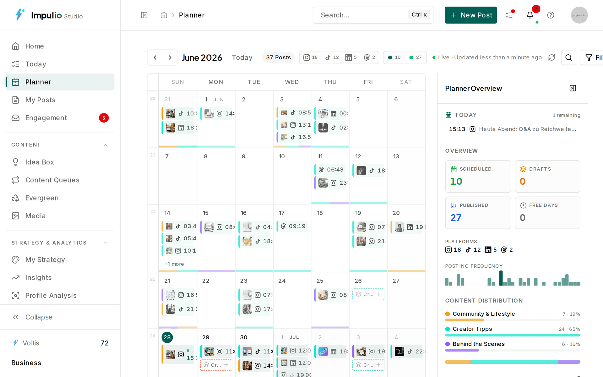 Month view in Impulio with scheduled posts across channels, including Reels.