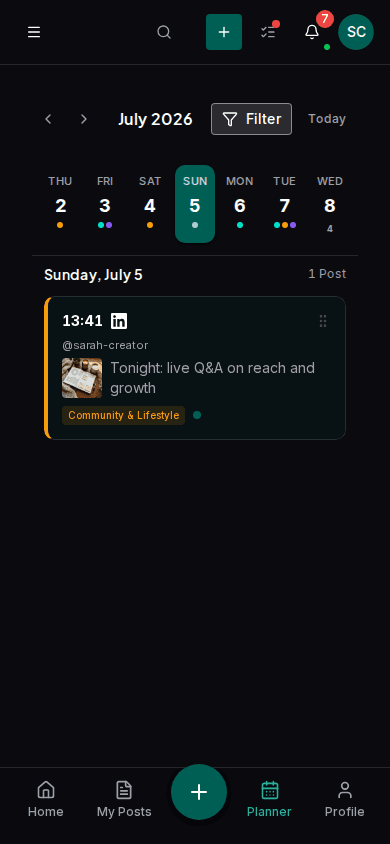 Impulio weekly planner with a calm overview of the upcoming posts
