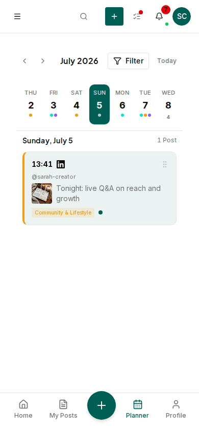 Impulio weekly planner with a calm overview of the upcoming posts