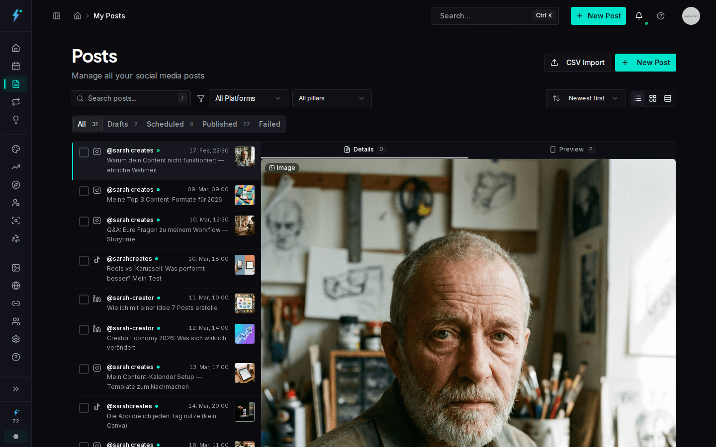 Post management with status overview and platform filter