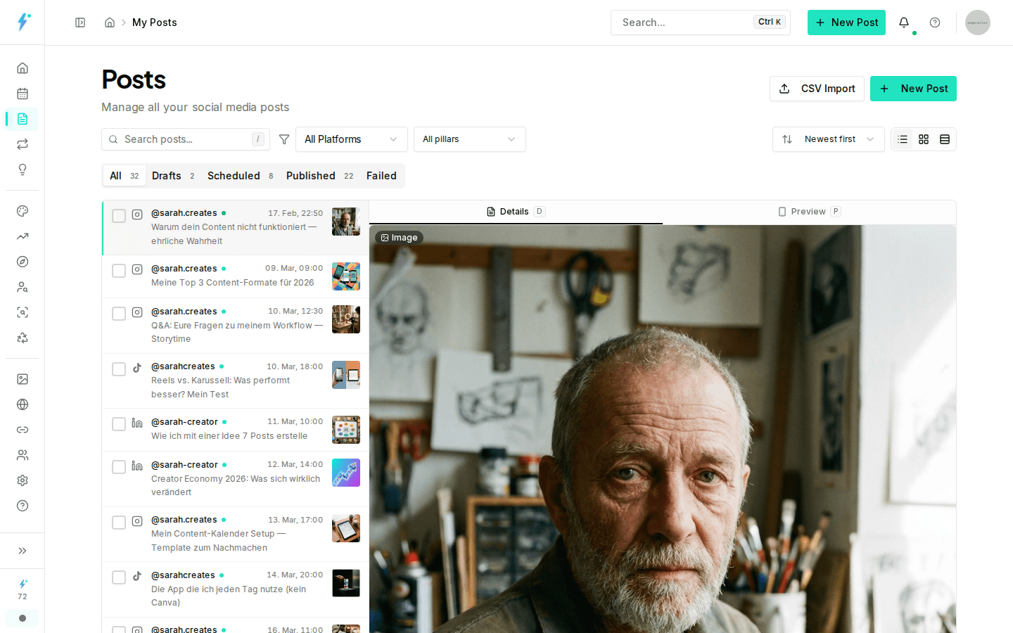 Post management with status overview and platform filter