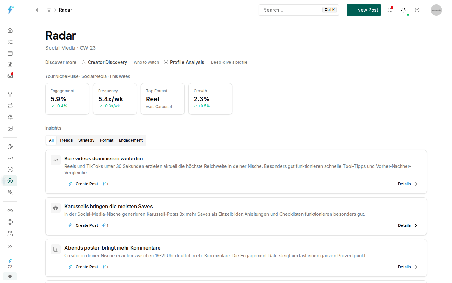 Radar with niche trends and insights in Impulio