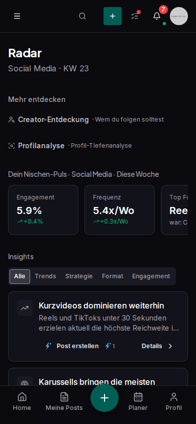 Trend-Radar in Impulio mit einer Liste von Trendthemen zur eigenen Nische, jeweils mit Button zum Speichern als Idee.