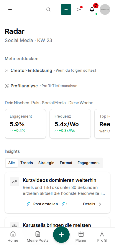 Trend-Radar in Impulio mit einer Liste von Trendthemen zur eigenen Nische, jeweils mit Button zum Speichern als Idee.