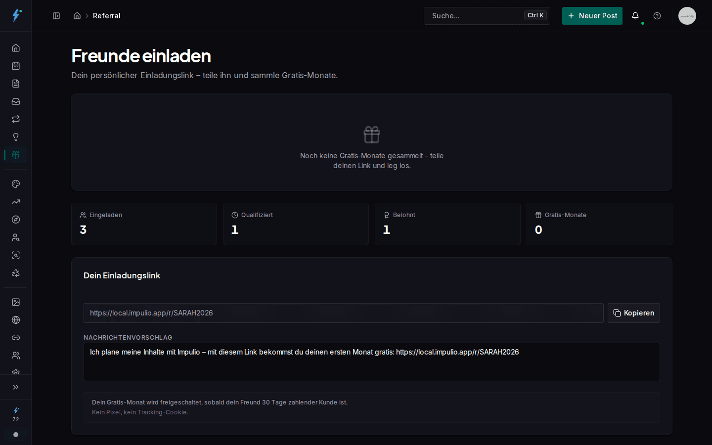 Impulio Empfehlungs-Dashboard mit persönlichem Einladungslink