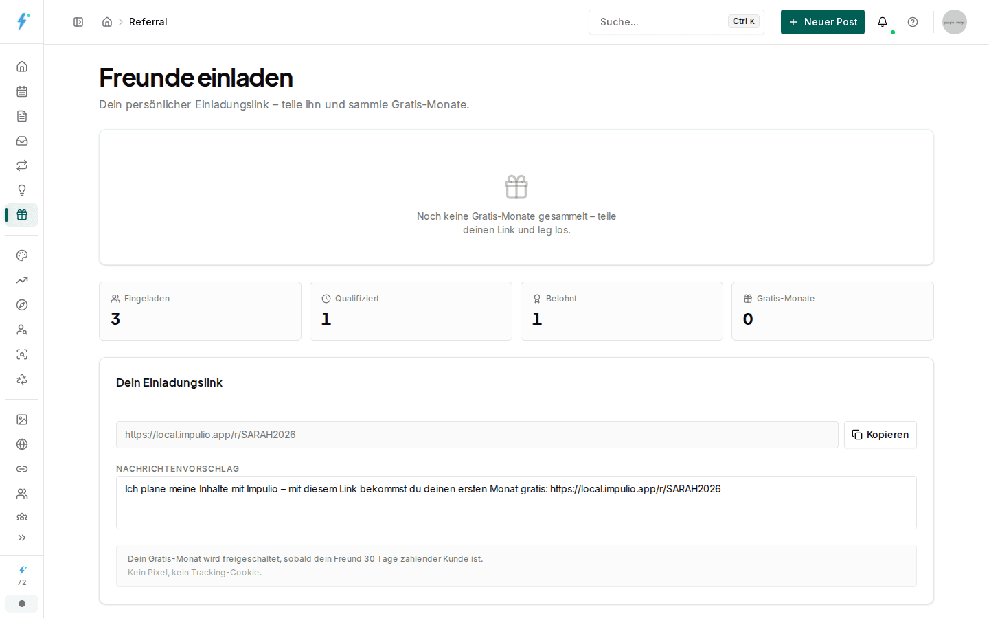 Impulio Empfehlungs-Dashboard mit persönlichem Einladungslink