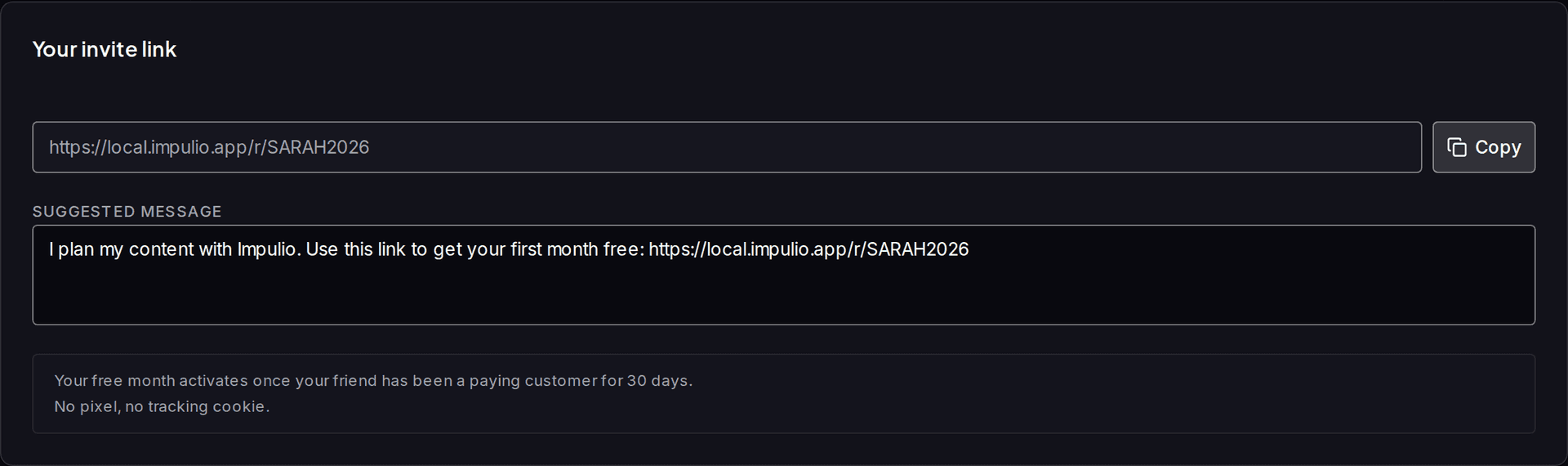 Impulio referral dashboard showing personal invitation link