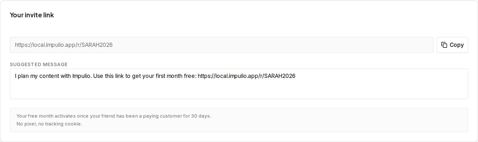 Impulio referral dashboard showing personal invitation link