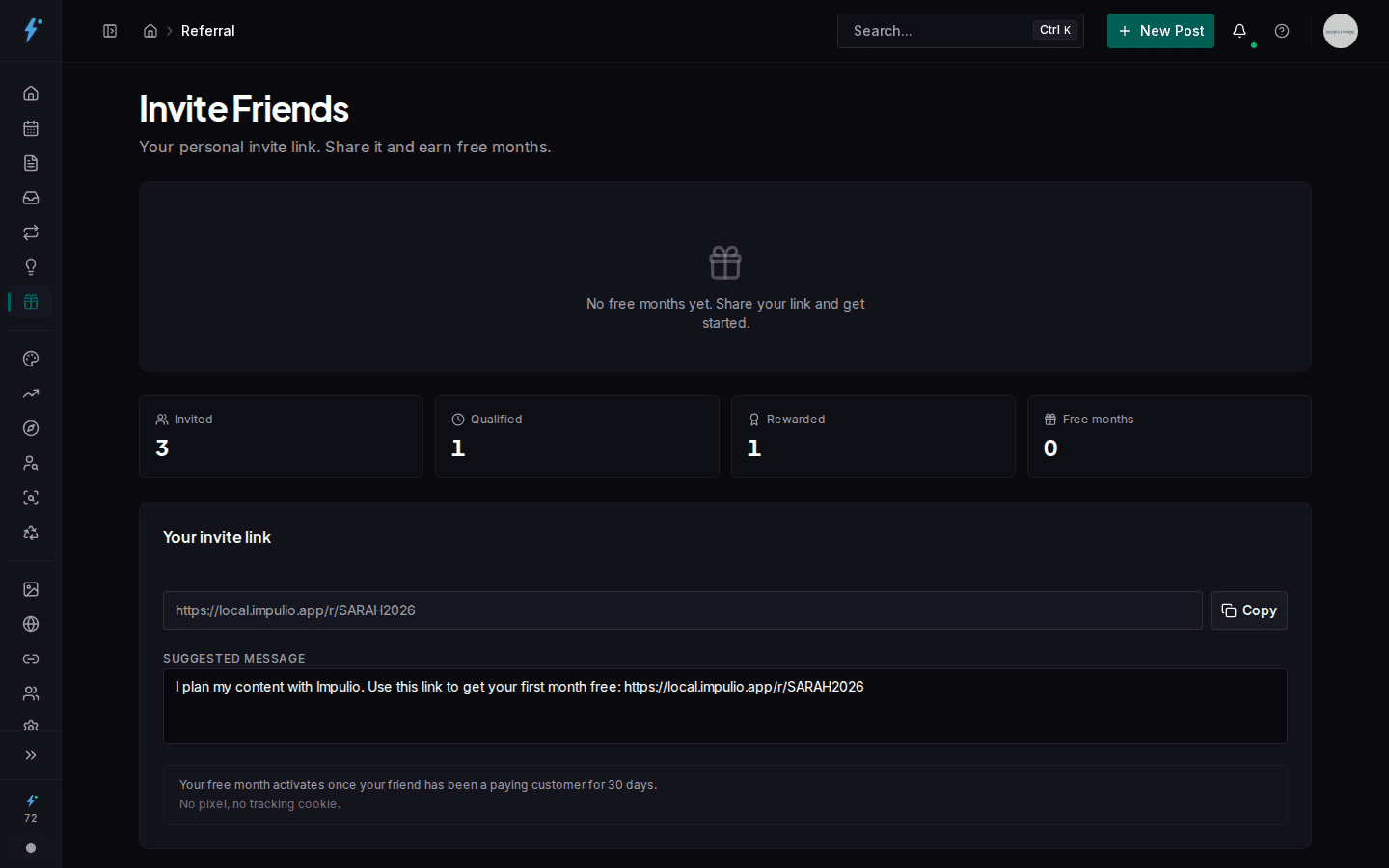 Impulio referral dashboard showing personal invitation link