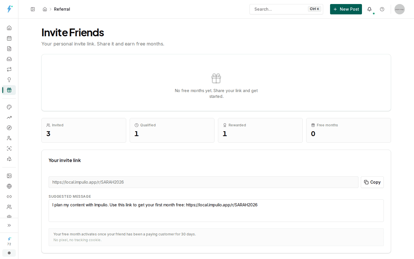 Impulio referral dashboard showing personal invitation link