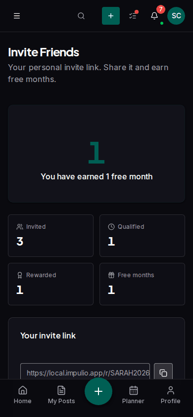Impulio referral dashboard showing personal invitation link