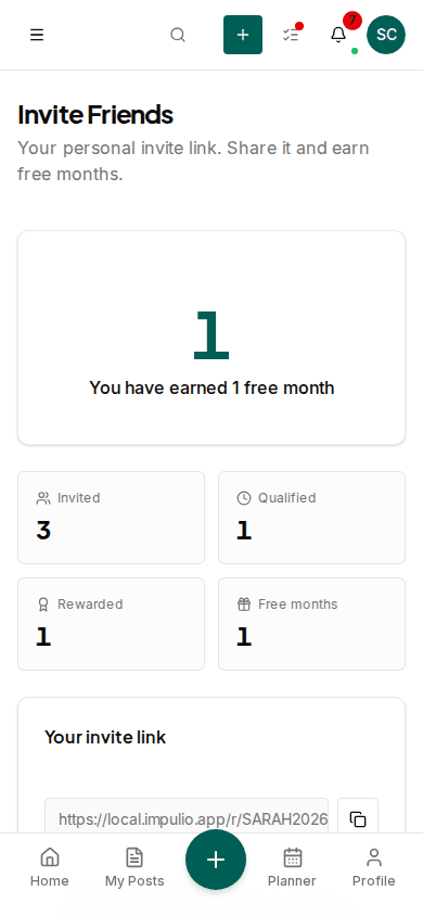 Impulio referral dashboard showing personal invitation link